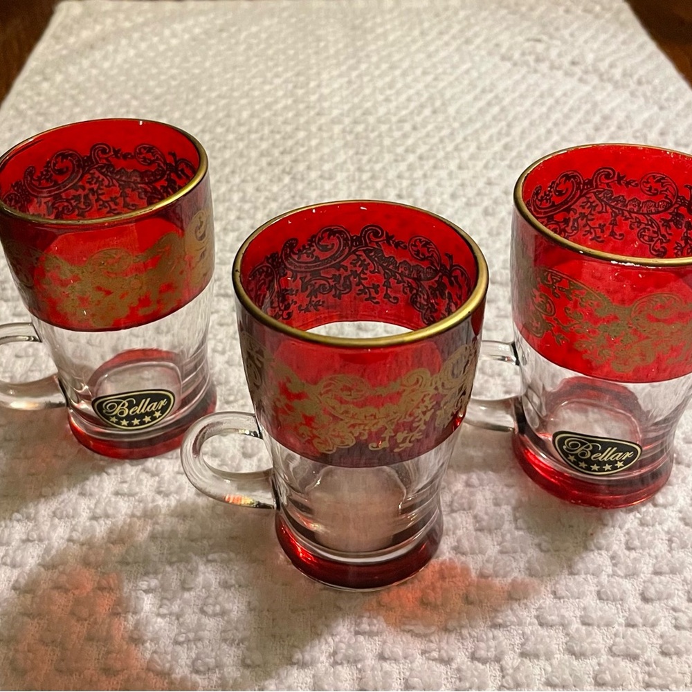 3 Red Color Tea Cups with Gold Motif Design